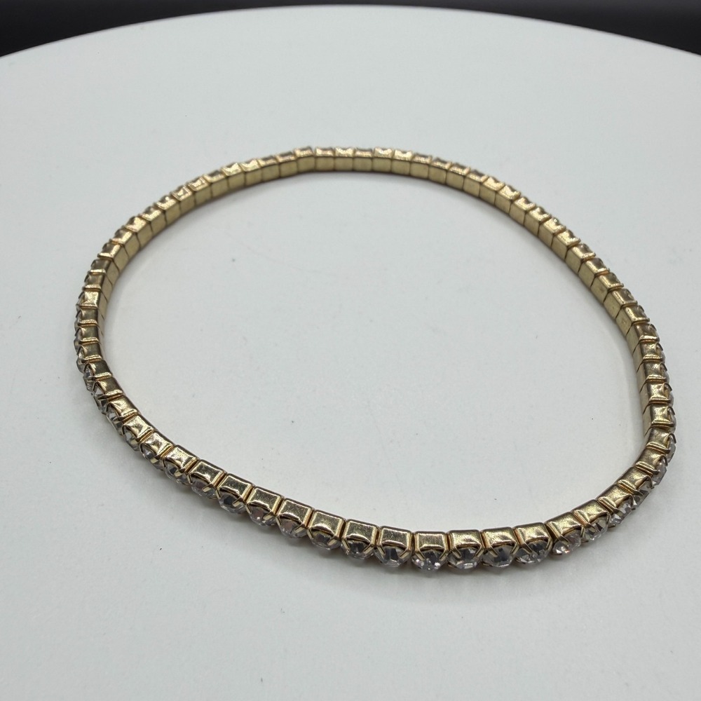 Gold Tone Clear Rhinestone Stretch Tennis Bracelet Bangle Costume Jewelry Glam